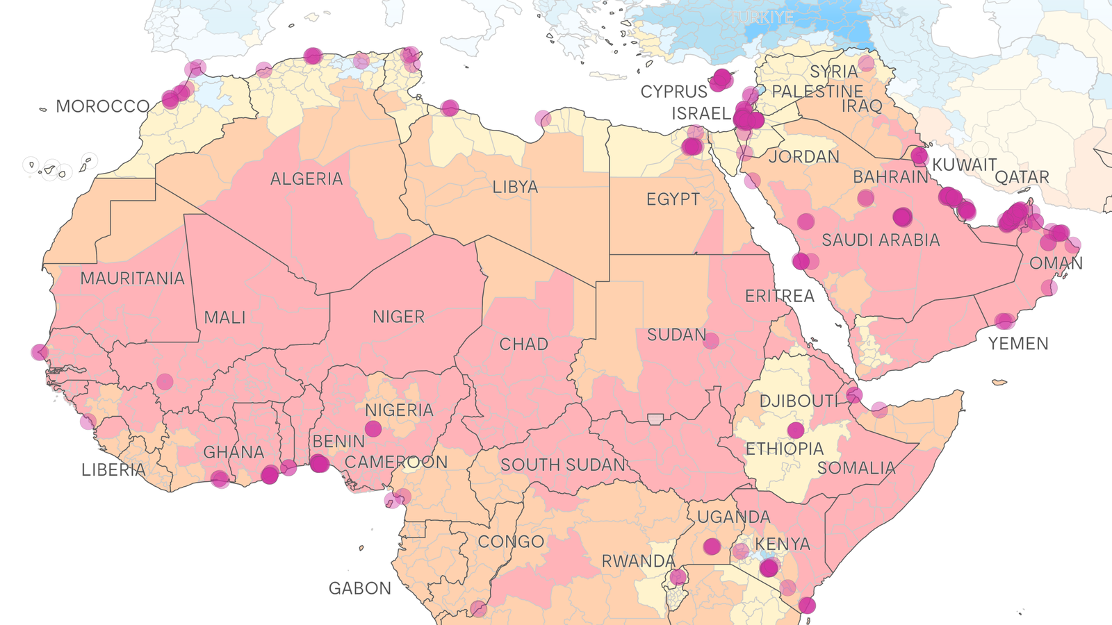 A map of Africa and the Middle East highlighting various regions with pink shading and marked locations, possibly indicating data points or areas of interest.