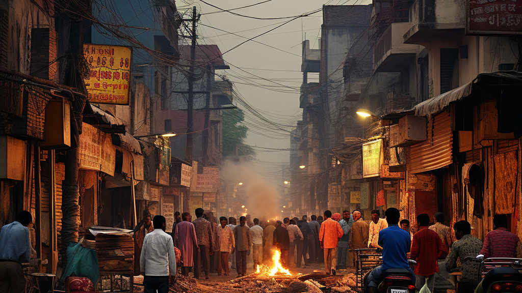 An AI generated photo portrait of street scene showing a riot scene, with lots of men milling around and fire and smoke in the street.