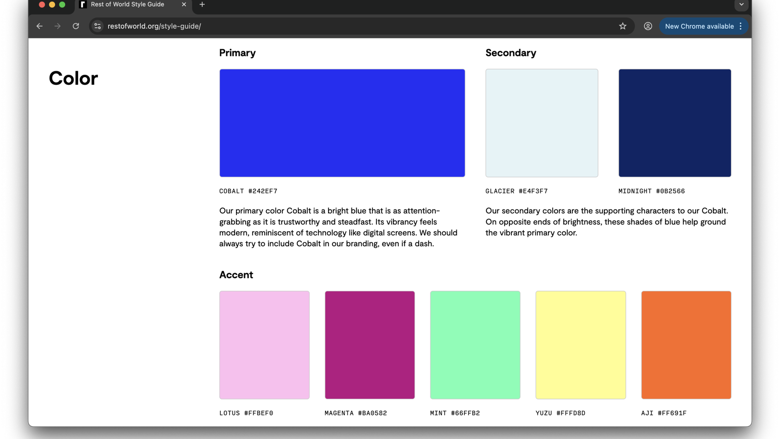 A webpage displaying a color palette for a style guide, titled 'Color'. It highlights a primary blue color labeled 'Cobalt' with the hex code #242EF7, accompanied by descriptions for primary, secondary, and accent colors, including shades like 'Glacier', 'Midnight', 'Lotus', 'Magenta', 'Mint', 'Yuzu', and 'Aji'. Each color is represented visually with blocks and corresponding hex codes.