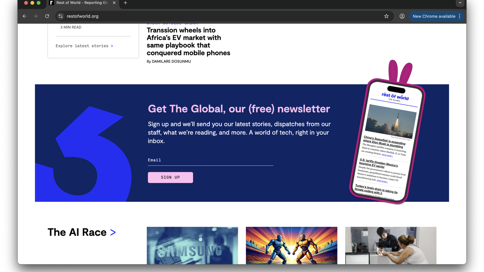 A webpage showcasing a newsletter subscription for 'The Global' by Rest of World, featuring a large blue number '3' and an illustration of a smartphone displaying newsletter content on a dark blue background. Below are sections titled 'The AI Race' and various visuals related to technology.