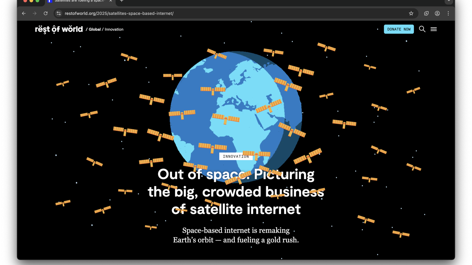 A digital illustration of Earth surrounded by numerous satellites in orbit, with the headline "Out of space: Picturing the big, crowded business of satellite internet" prominently displayed in the foreground, indicating the topic of space-based internet.