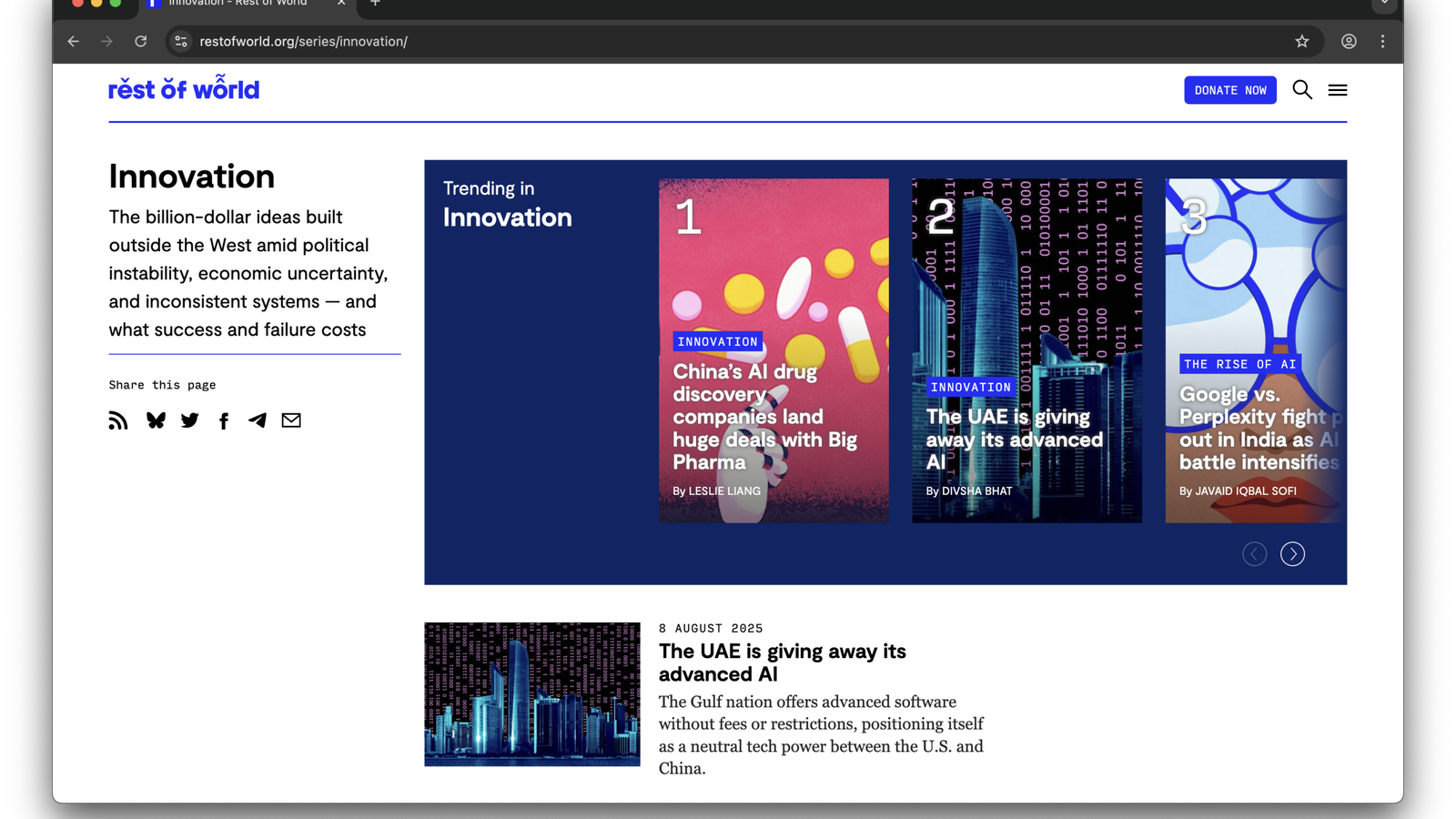 A webpage titled 'Innovation' featuring articles on AI and drug discovery, with three trending stories displayed in colorful boxes, including a focus on China's AI companies and the UAE's advanced AI offerings, along with a summary for an article dated August 2025.