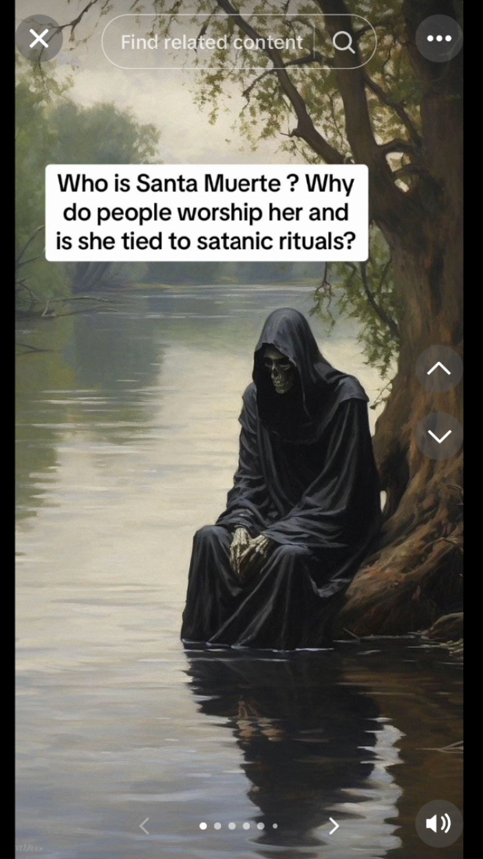 A screenshot from a TikTok video of SantaMuerte with the text 'Who is Santa Muerte? Why do people worship her and is she tied to satanic rituals?' with a photo of the deity seated beside a water body against a tree.
