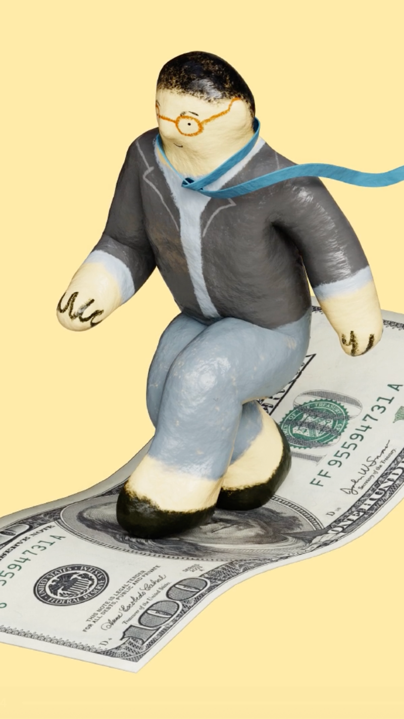 A small figurine of a man in a suit and glasses running on a hundred-dollar bill against a yellow background.