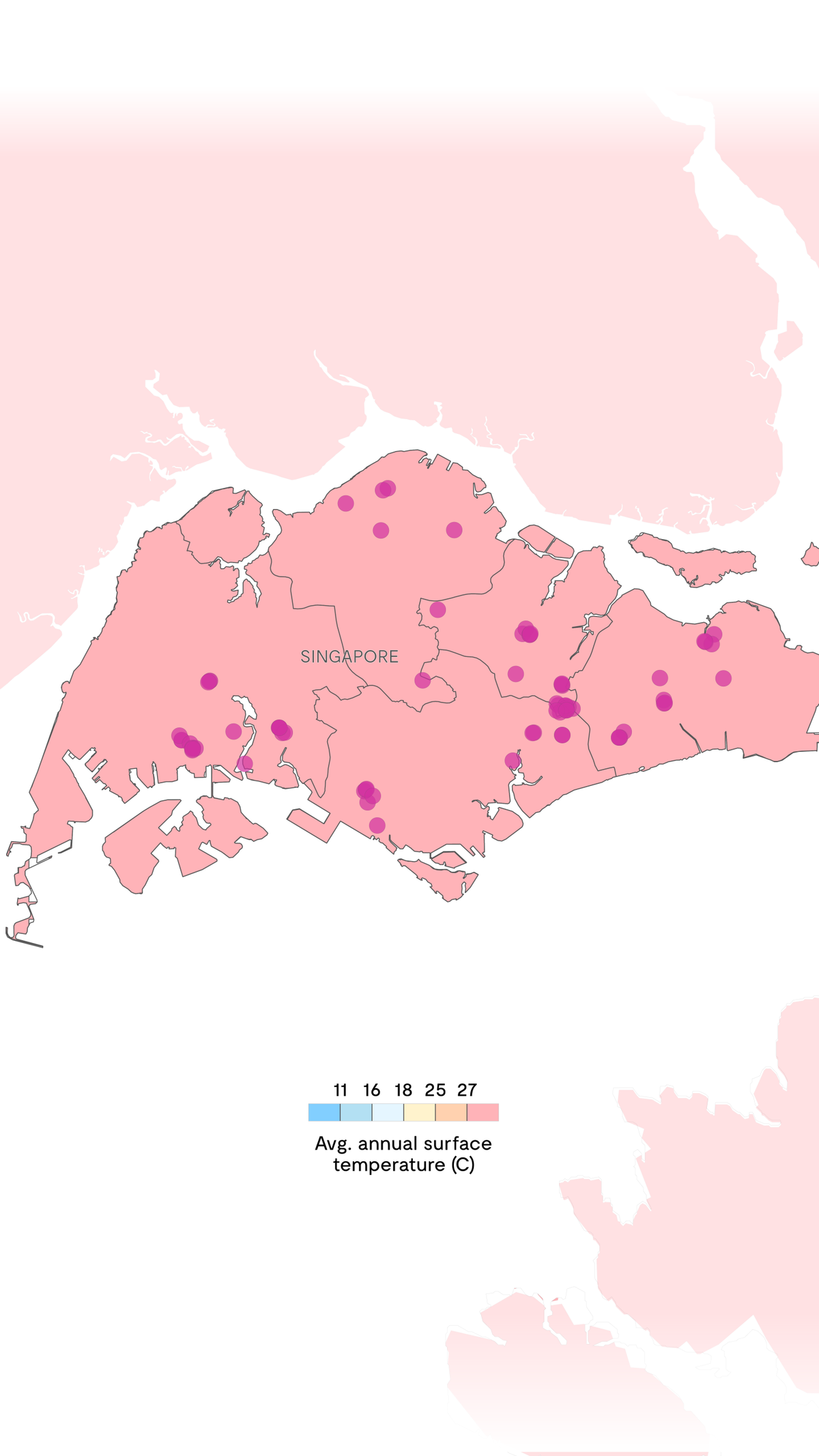 Map of Singapore displaying average annual surface temperatures in degrees Celsius, highlighted in varying shades of pink.